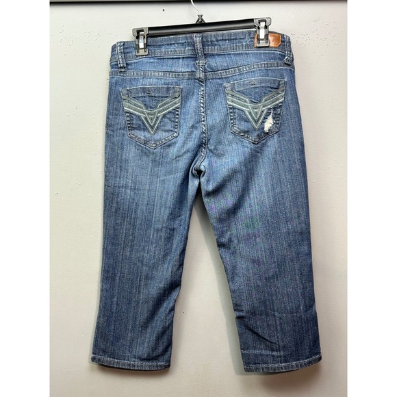 VIGOSS Capri Jeans Womens 9 Distressed Blue Denim Cropped Retro Embroidered - Picture 2 of 9